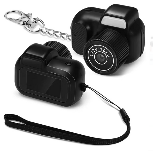 Mini keychain camera with black design and built-in screen